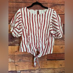 Bleuh Ciel Womens Red/ White Striped Balloon Sleeves Top Front Tie- Size M
